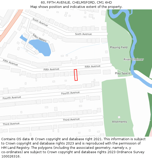 60, FIFTH AVENUE, CHELMSFORD, CM1 4HD: Location map and indicative extent of plot