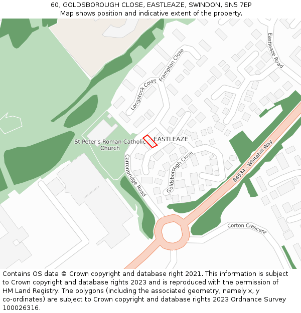 60, GOLDSBOROUGH CLOSE, EASTLEAZE, SWINDON, SN5 7EP: Location map and indicative extent of plot