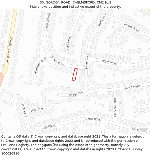 60, GORDON ROAD, CHELMSFORD, CM2 9LN: Location map and indicative extent of plot