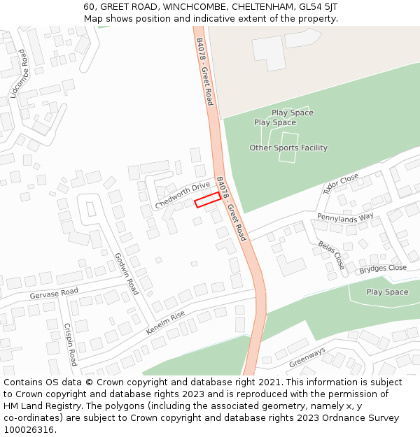 60, GREET ROAD, WINCHCOMBE, CHELTENHAM, GL54 5JT: Location map and indicative extent of plot