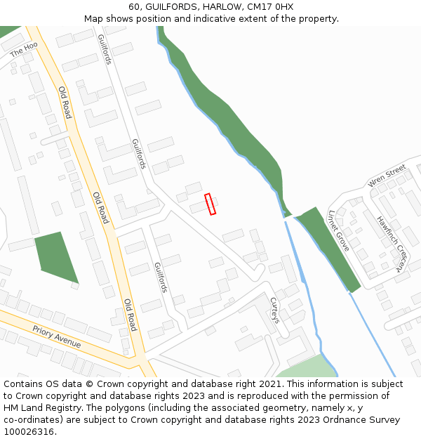 60, GUILFORDS, HARLOW, CM17 0HX: Location map and indicative extent of plot