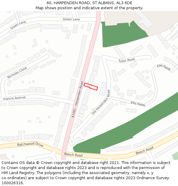 60, HARPENDEN ROAD, ST ALBANS, AL3 6DE: Location map and indicative extent of plot