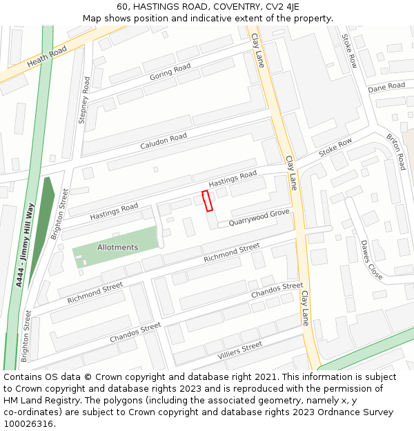 60, HASTINGS ROAD, COVENTRY, CV2 4JE: Location map and indicative extent of plot
