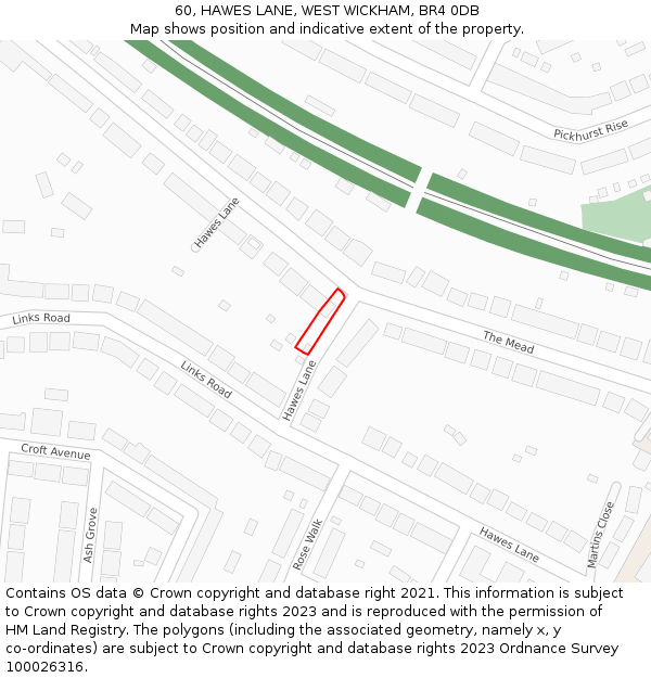60, HAWES LANE, WEST WICKHAM, BR4 0DB: Location map and indicative extent of plot
