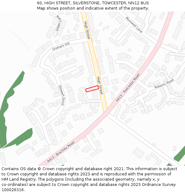 60, HIGH STREET, SILVERSTONE, TOWCESTER, NN12 8US: Location map and indicative extent of plot