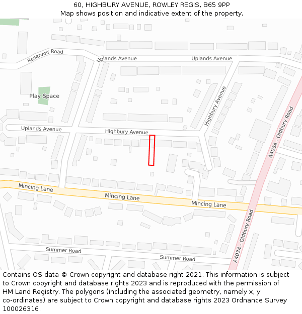 60, HIGHBURY AVENUE, ROWLEY REGIS, B65 9PP: Location map and indicative extent of plot