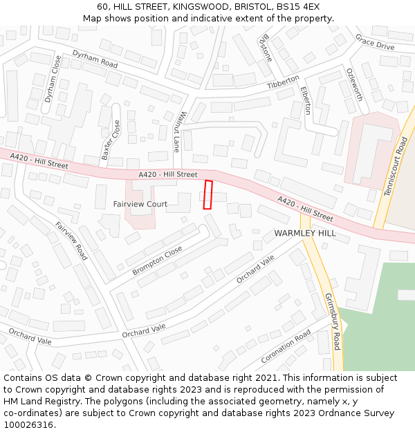 60, HILL STREET, KINGSWOOD, BRISTOL, BS15 4EX: Location map and indicative extent of plot