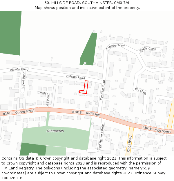 60, HILLSIDE ROAD, SOUTHMINSTER, CM0 7AL: Location map and indicative extent of plot