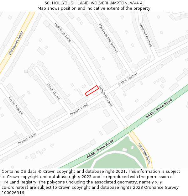 60, HOLLYBUSH LANE, WOLVERHAMPTON, WV4 4JJ: Location map and indicative extent of plot