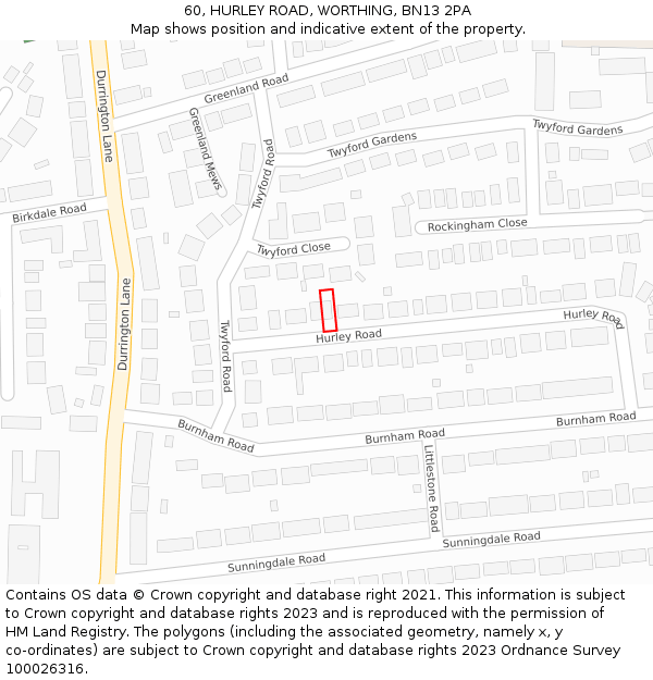 60, HURLEY ROAD, WORTHING, BN13 2PA: Location map and indicative extent of plot