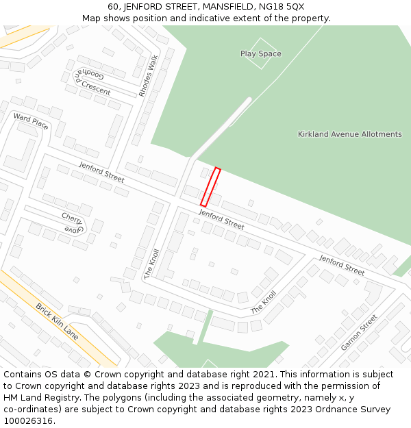 60, JENFORD STREET, MANSFIELD, NG18 5QX: Location map and indicative extent of plot