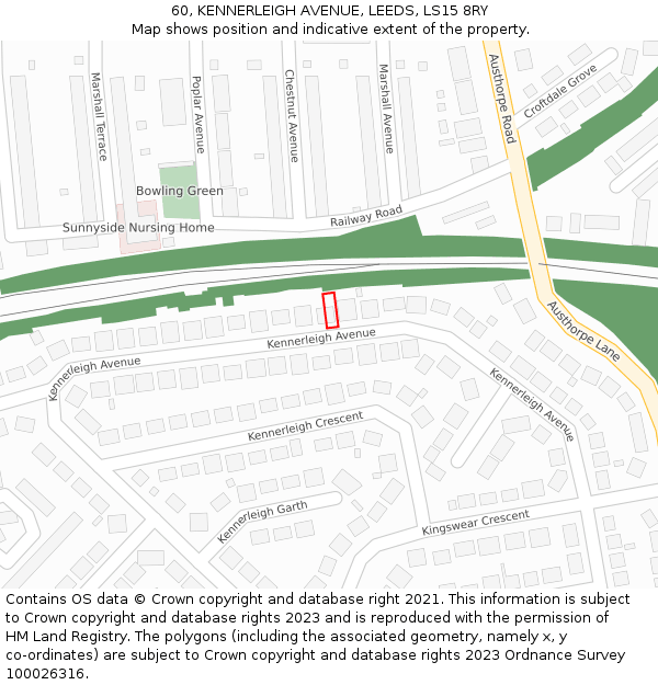 60, KENNERLEIGH AVENUE, LEEDS, LS15 8RY: Location map and indicative extent of plot