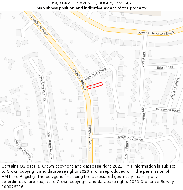 60, KINGSLEY AVENUE, RUGBY, CV21 4JY: Location map and indicative extent of plot