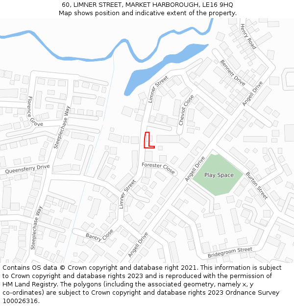 60, LIMNER STREET, MARKET HARBOROUGH, LE16 9HQ: Location map and indicative extent of plot