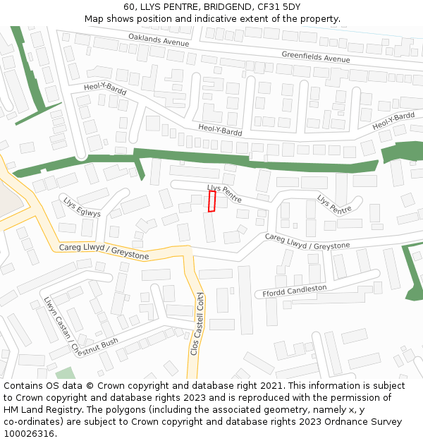 60, LLYS PENTRE, BRIDGEND, CF31 5DY: Location map and indicative extent of plot