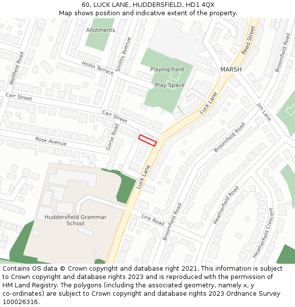 60, LUCK LANE, HUDDERSFIELD, HD1 4QX: Location map and indicative extent of plot