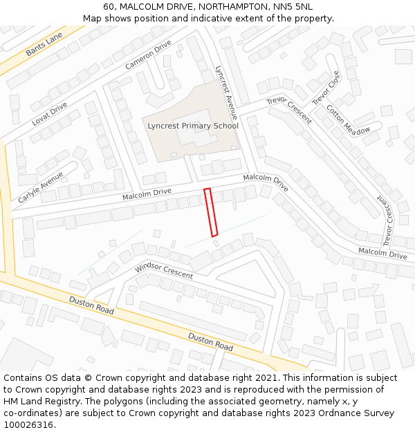 60, MALCOLM DRIVE, NORTHAMPTON, NN5 5NL: Location map and indicative extent of plot