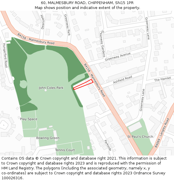 60, MALMESBURY ROAD, CHIPPENHAM, SN15 1PR: Location map and indicative extent of plot