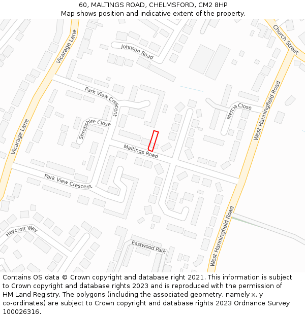 60, MALTINGS ROAD, CHELMSFORD, CM2 8HP: Location map and indicative extent of plot