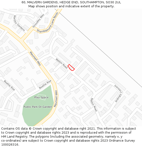 60, MALVERN GARDENS, HEDGE END, SOUTHAMPTON, SO30 2UL: Location map and indicative extent of plot