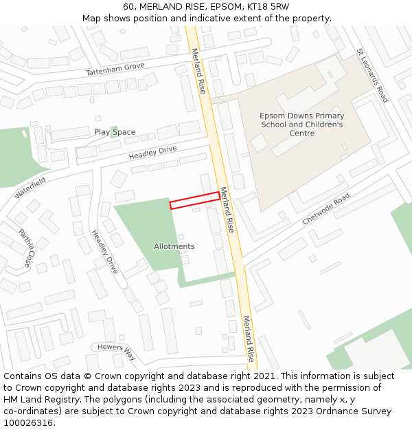 60, MERLAND RISE, EPSOM, KT18 5RW: Location map and indicative extent of plot