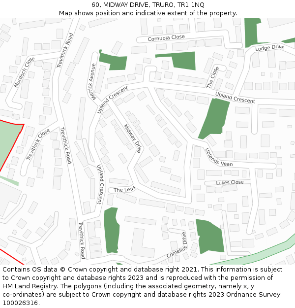 60, MIDWAY DRIVE, TRURO, TR1 1NQ: Location map and indicative extent of plot