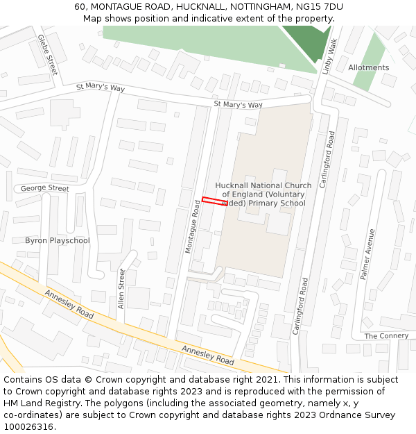 60, MONTAGUE ROAD, HUCKNALL, NOTTINGHAM, NG15 7DU: Location map and indicative extent of plot