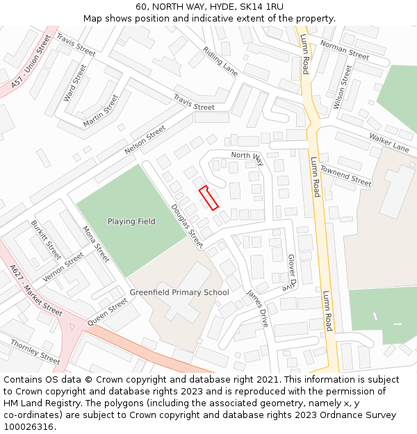 60, NORTH WAY, HYDE, SK14 1RU: Location map and indicative extent of plot