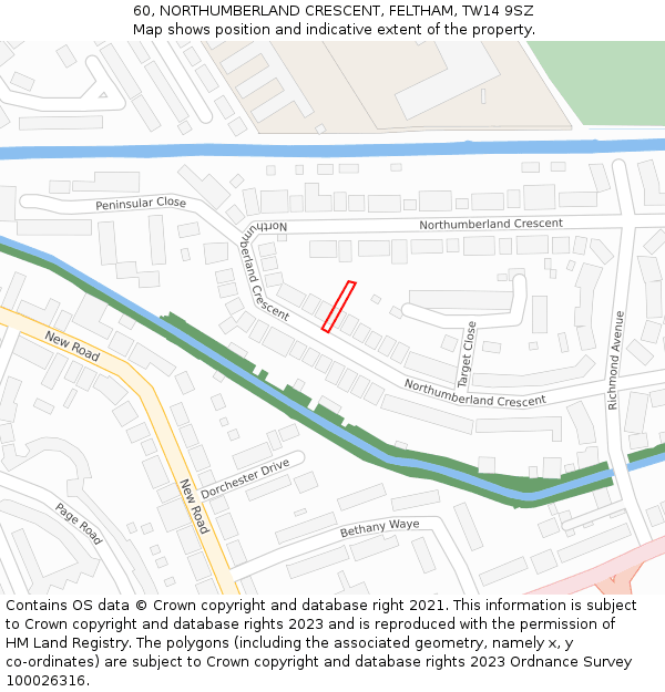 60, NORTHUMBERLAND CRESCENT, FELTHAM, TW14 9SZ: Location map and indicative extent of plot