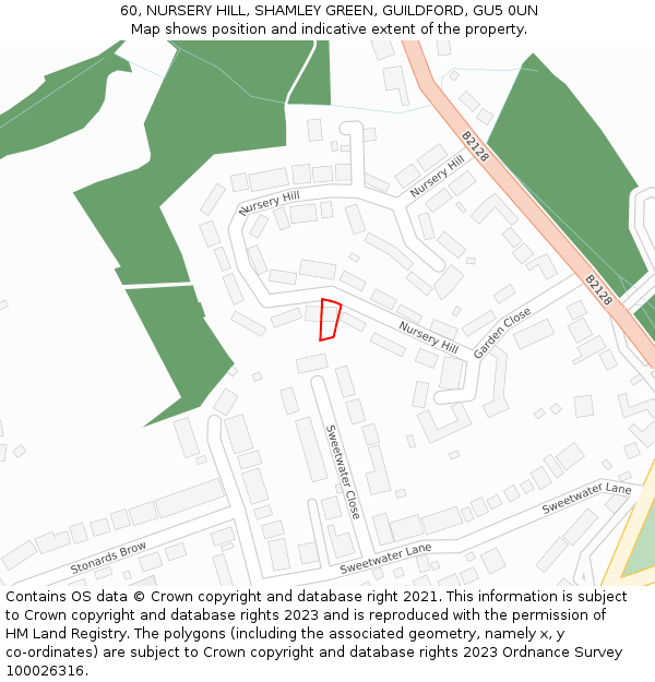 60, NURSERY HILL, SHAMLEY GREEN, GUILDFORD, GU5 0UN: Location map and indicative extent of plot