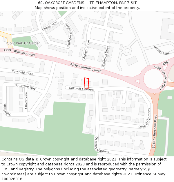 60, OAKCROFT GARDENS, LITTLEHAMPTON, BN17 6LT: Location map and indicative extent of plot