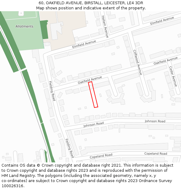60, OAKFIELD AVENUE, BIRSTALL, LEICESTER, LE4 3DR: Location map and indicative extent of plot