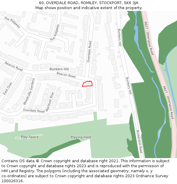 60, OVERDALE ROAD, ROMILEY, STOCKPORT, SK6 3JA: Location map and indicative extent of plot