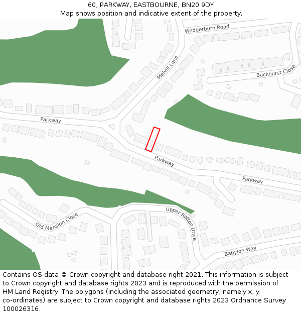 60, PARKWAY, EASTBOURNE, BN20 9DY: Location map and indicative extent of plot