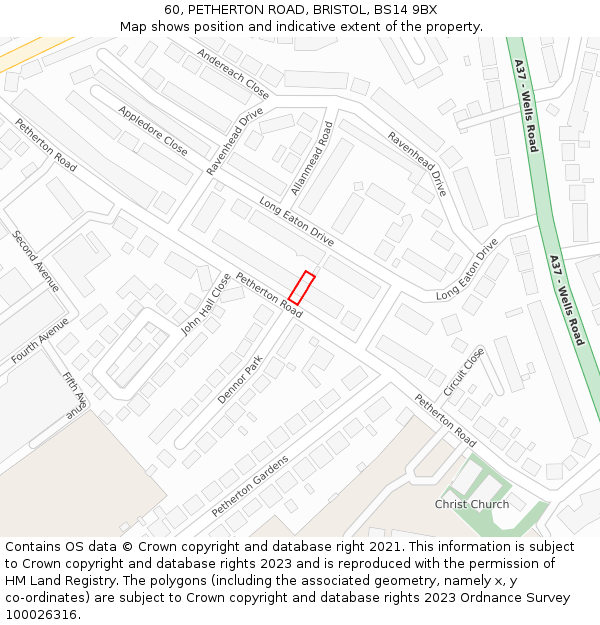 60, PETHERTON ROAD, BRISTOL, BS14 9BX: Location map and indicative extent of plot