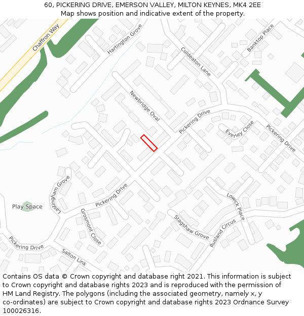 60, PICKERING DRIVE, EMERSON VALLEY, MILTON KEYNES, MK4 2EE: Location map and indicative extent of plot