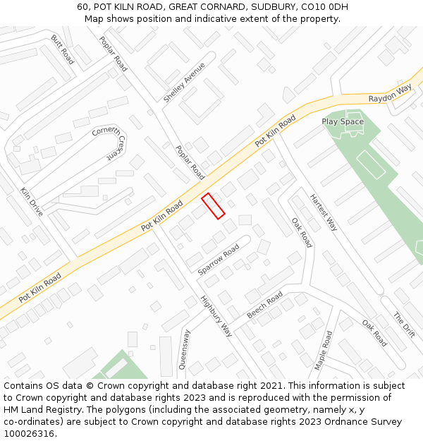 60, POT KILN ROAD, GREAT CORNARD, SUDBURY, CO10 0DH: Location map and indicative extent of plot