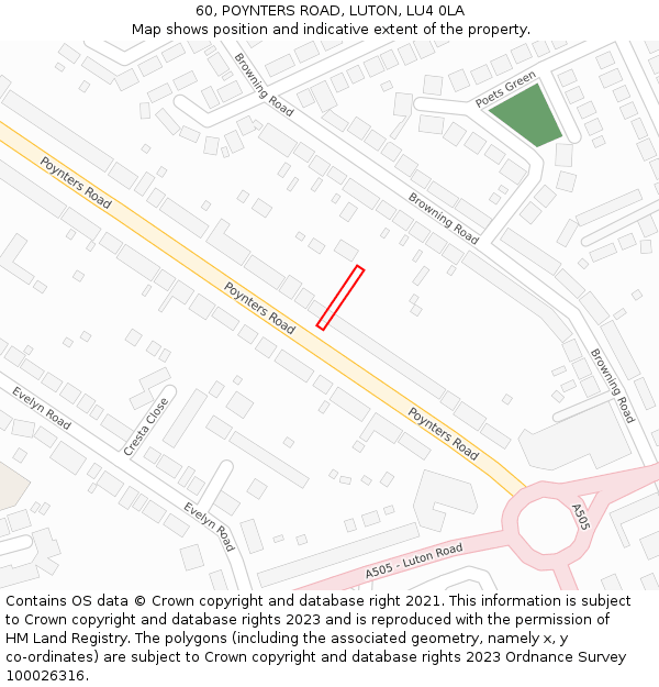 60, POYNTERS ROAD, LUTON, LU4 0LA: Location map and indicative extent of plot