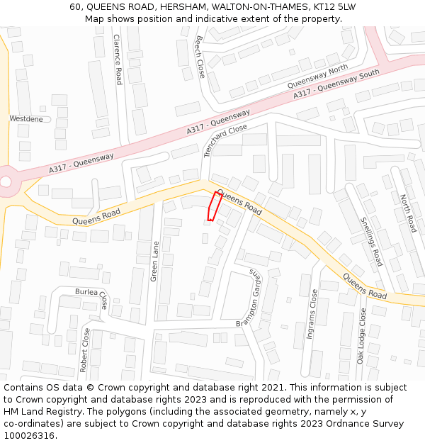 60, QUEENS ROAD, HERSHAM, WALTON-ON-THAMES, KT12 5LW: Location map and indicative extent of plot