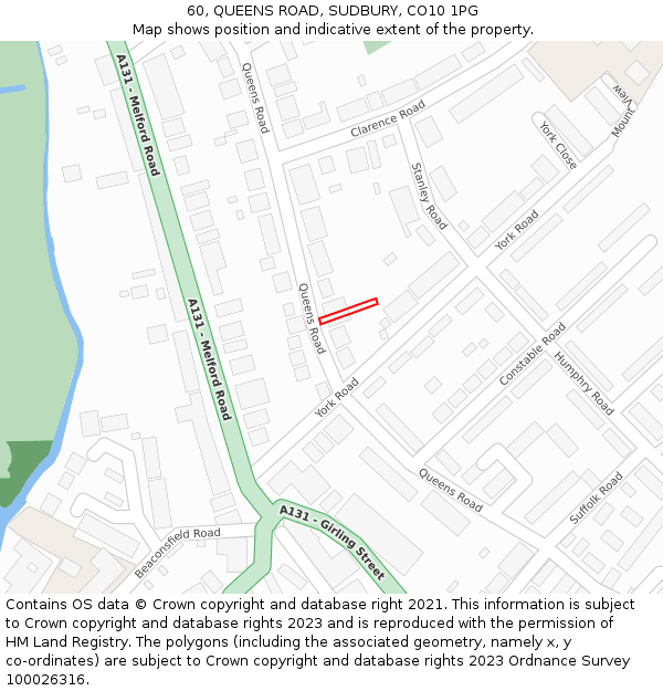 60, QUEENS ROAD, SUDBURY, CO10 1PG: Location map and indicative extent of plot