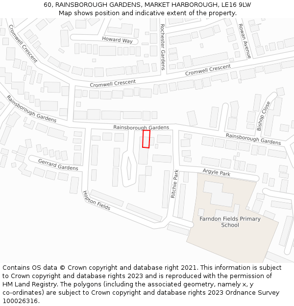 60, RAINSBOROUGH GARDENS, MARKET HARBOROUGH, LE16 9LW: Location map and indicative extent of plot