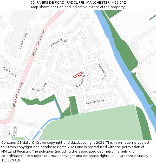 60, RIVERSIDE ROAD, RADCLIFFE, MANCHESTER, M26 2PZ: Location map and indicative extent of plot