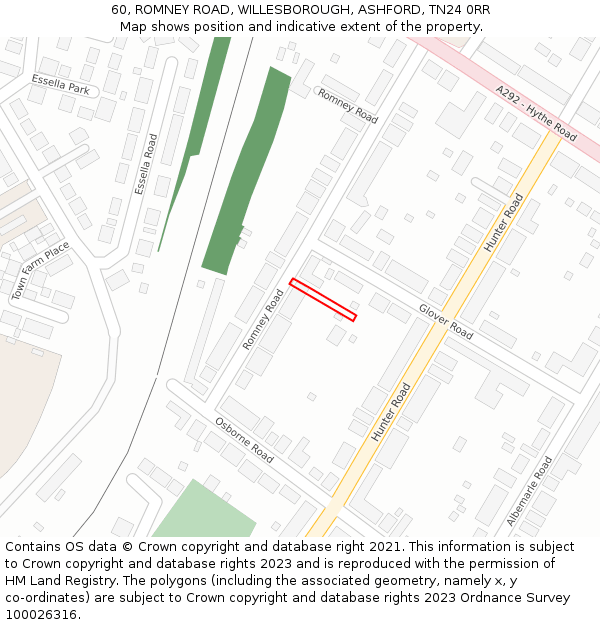 60, ROMNEY ROAD, WILLESBOROUGH, ASHFORD, TN24 0RR: Location map and indicative extent of plot