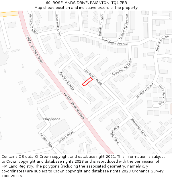 60, ROSELANDS DRIVE, PAIGNTON, TQ4 7RB: Location map and indicative extent of plot