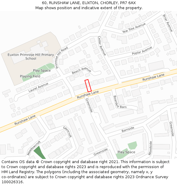 60, RUNSHAW LANE, EUXTON, CHORLEY, PR7 6AX: Location map and indicative extent of plot