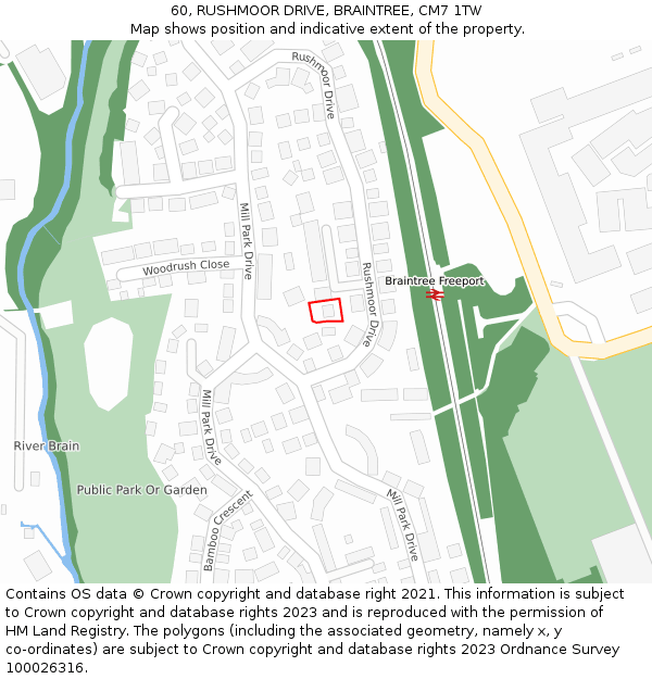60, RUSHMOOR DRIVE, BRAINTREE, CM7 1TW: Location map and indicative extent of plot