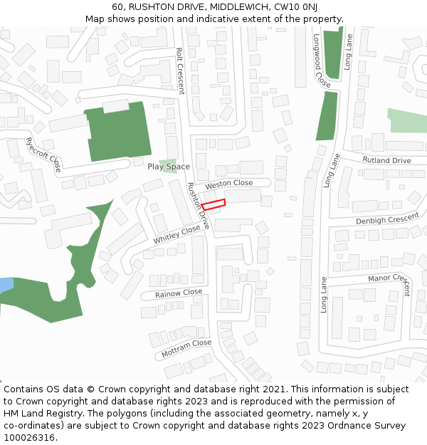 60, RUSHTON DRIVE, MIDDLEWICH, CW10 0NJ: Location map and indicative extent of plot