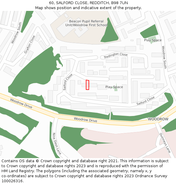 60, SALFORD CLOSE, REDDITCH, B98 7UN: Location map and indicative extent of plot
