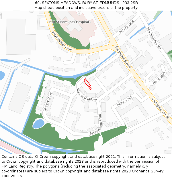60, SEXTONS MEADOWS, BURY ST. EDMUNDS, IP33 2SB: Location map and indicative extent of plot