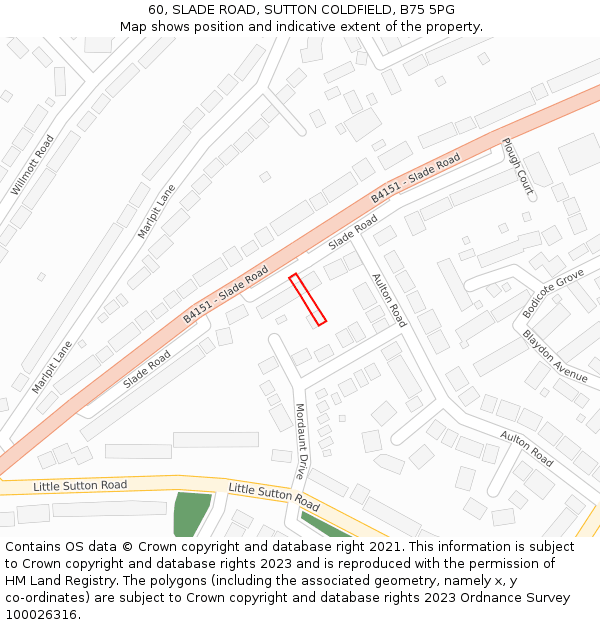 60, SLADE ROAD, SUTTON COLDFIELD, B75 5PG: Location map and indicative extent of plot